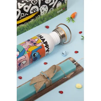 Lilo & Stitch Happy valentines day, Πασχαλινή Λαμπάδα με παγούρι μεταλλικό Ασημένιο αλουμινίου (500ml) & κερί αρωματικό πλακέ (30cm) (ΤΙΡΚΟΥΑΖ)