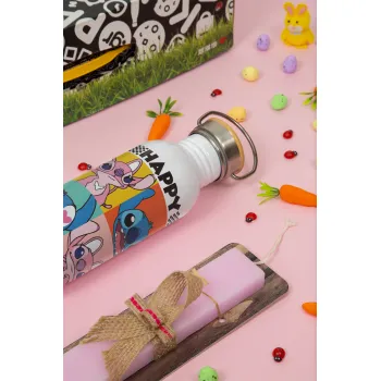 Lilo & Stitch Happy valentines day, Πασχαλινή Λαμπάδα με παγούρι μεταλλικό (620ml, stainless steel) & κερί αρωματικό πλακέ (30cm) (ΡΟΖ)