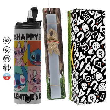 Lilo & Stitch Happy valentines day, Πασχαλινή Λαμπάδα με Travel Tumbler θερμό (600ml, BPA free) & κερί αρωματικό πλακέ (30cm) (ΓΚΡΙ)