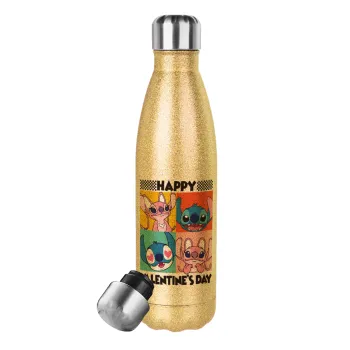 Lilo & Stitch Happy valentines day, Glitter gold stainless steel thermos bottle, double-walled, 500ml