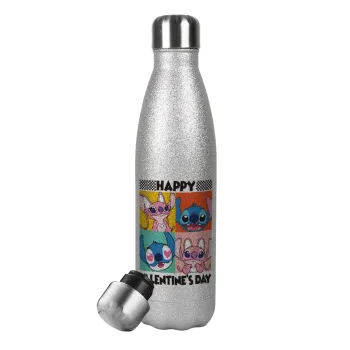 Lilo & Stitch Happy valentines day, Metallic Glitter Silver Thermos Flask (Stainless steel), double-walled, 500ml