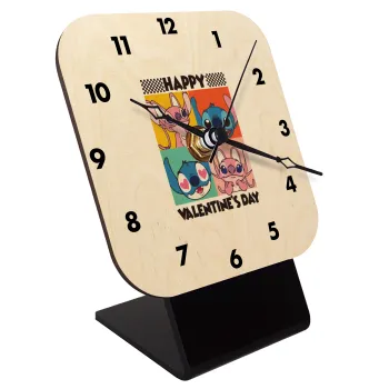 Lilo & Stitch Happy valentines day, Quartz Table clock in natural wood (10cm)