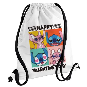 Lilo & Stitch Happy valentines day, Backpack pouch GYMBAG white, with pocket (40x48cm) & thick cords