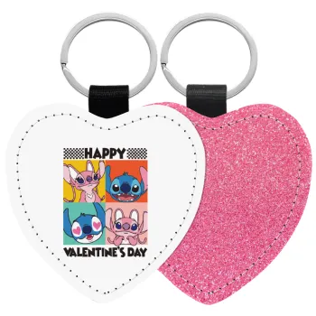 Lilo & Stitch Happy valentines day, Μπρελόκ PU δερμάτινο glitter καρδιά ΡΟΖ