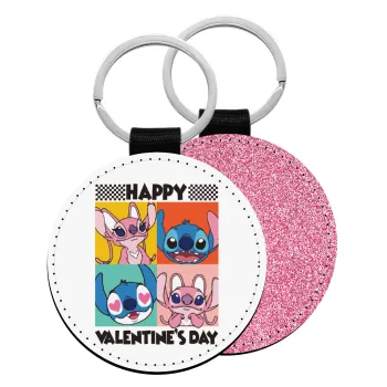 Lilo & Stitch Happy valentines day, Μπρελόκ Δερματίνη, στρογγυλό ΡΟΖ (5cm)