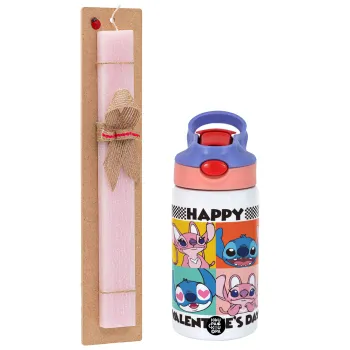 Lilo & Stitch Happy valentines day, Easter Set, Children's thermal stainless steel water bottle with safety straw, pink/purple (350ml) & Easter scented flat candle (30cm) (PINK)