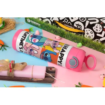 Lilo & Stitch Happy valentines day, Easter candle, Childrens hot water bottle, stainless steel, with safety straw, PINK (500ml)