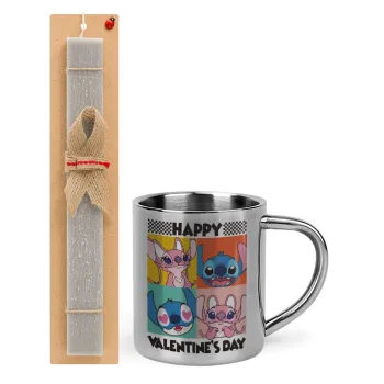 Lilo & Stitch Happy valentines day, Easter Set, metallic thermal cup (300ml) & Easter aromatic flat candle (30cm) (GRAY)