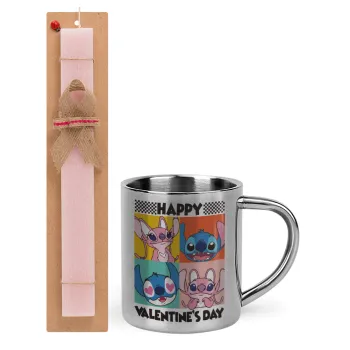 Lilo & Stitch Happy valentines day, Πασχαλινή Λαμπάδα με μεταλλική κούπα θερμό (300ml) & κερί αρωματικό πλακέ (30cm) (ΡΟΖ)