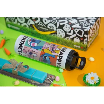 Lilo & Stitch Happy valentines day, Easter candle,Travel Tumbler 2 Lids, with metal straw & cleaning brush & aromatic flat candle (30cm) (BLUE)