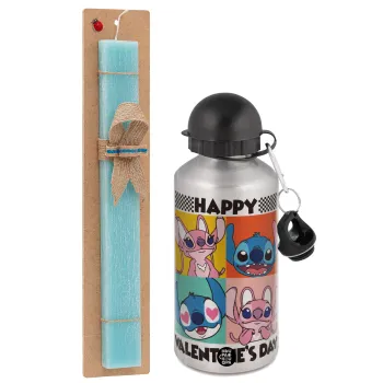 Lilo & Stitch Happy valentines day, Easter Set, metallic silver aluminum water bottle (500ml) & scented flat Easter candle (30cm) (TURQUOISE)