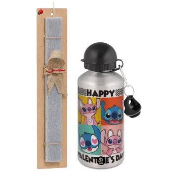 Lilo & Stitch Happy valentines day, Πασχαλινή Λαμπάδα με παγούρι μεταλλικό Ασημένιο αλουμινίου (500ml) & κερί αρωματικό πλακέ (30cm) (ΓΚΡΙ)