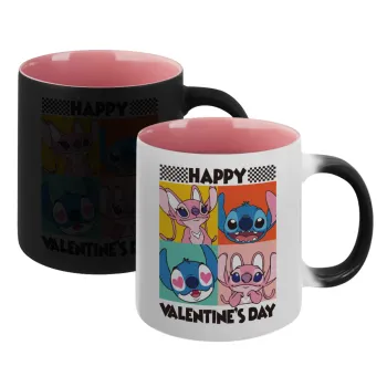 Lilo & Stitch Happy valentines day, Κούπα Μαγική εσωτερικό ΡΟΖ, κεραμική 330ml που αλλάζει χρώμα με το ζεστό ρόφημα