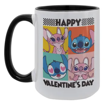 Lilo & Stitch Happy valentines day, Κούπα Mega 15oz, κεραμική Μαύρη, 450ml