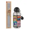 Easter Set, metallic silver aluminum water bottle (500ml) & aromatic flat Easter candle (30cm) (GRAY)