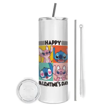 Lilo & Stitch Happy valentines day, Tumbler ποτήρι θερμό από ανοξείδωτο ατσάλι 600ml, με μεταλλικό καλαμάκι & βούρτσα καθαρισμού