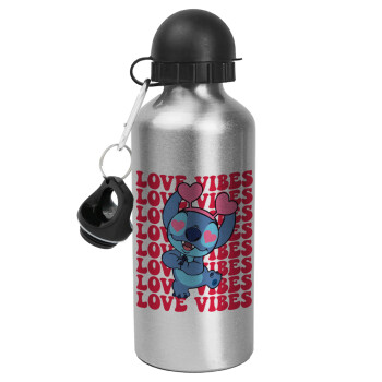 Lilo & Stitch Love vibes, Μεταλλικό παγούρι νερού, Ασημένιο, αλουμινίου 500ml