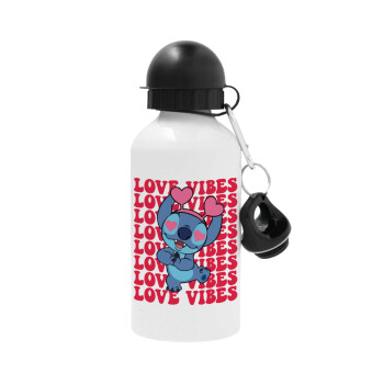 Lilo & Stitch Love vibes, Metal water bottle, White, aluminum 500ml