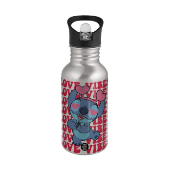 Lilo & Stitch Love vibes, Water bottle Silver with straw, stainless steel 500ml