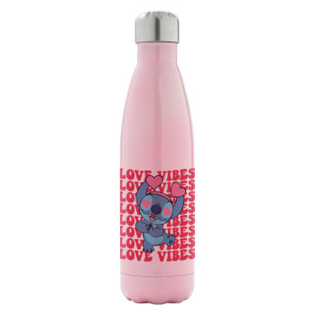 Lilo & Stitch Love vibes, Μεταλλικό παγούρι θερμός Ροζ Ιριδίζον (Stainless steel), διπλού τοιχώματος, 500ml