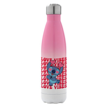 Lilo & Stitch Love vibes, Μεταλλικό παγούρι θερμός Ροζ/Λευκό (Stainless steel), διπλού τοιχώματος, 500ml