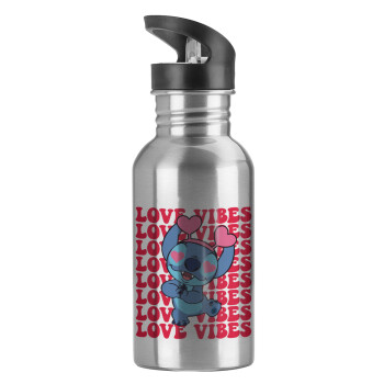 Lilo & Stitch Love vibes, Water bottle Silver with straw, stainless steel 600ml