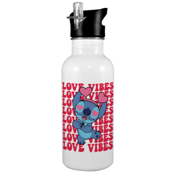 Lilo & Stitch Love vibes, White water bottle with straw, stainless steel 600ml
