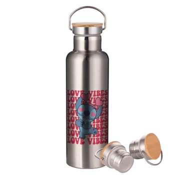 Lilo & Stitch Love vibes, Stainless steel Silver with wooden lid (bamboo), double wall, 750ml