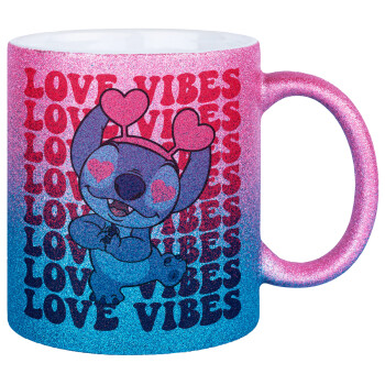 Lilo & Stitch Love vibes, Κούπα Χρυσή/Μπλε Glitter, κεραμική, 330ml