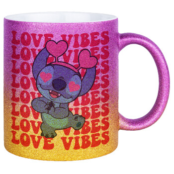 Lilo & Stitch Love vibes, Κούπα Χρυσή/Ροζ Glitter, κεραμική, 330ml