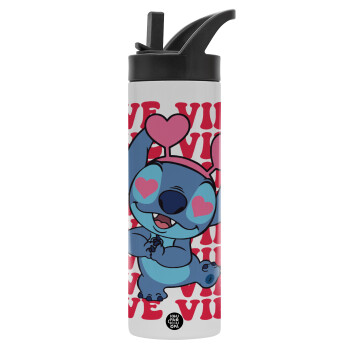 Lilo & Stitch Love vibes, Metallic thermos bottle with straw & handle, stainless steel (Stainless steel 304), double-walled, 600ml.