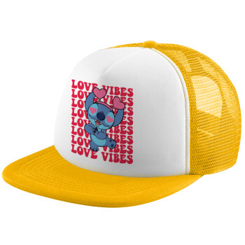 Lilo & Stitch Love vibes, Καπέλο Ενηλίκων Soft Trucker με Δίχτυ Κίτρινο/White (POLYESTER, ΕΝΗΛΙΚΩΝ, UNISEX, ONE SIZE)