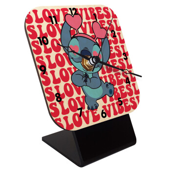 Lilo & Stitch Love vibes, Quartz Table clock in natural wood (10cm)