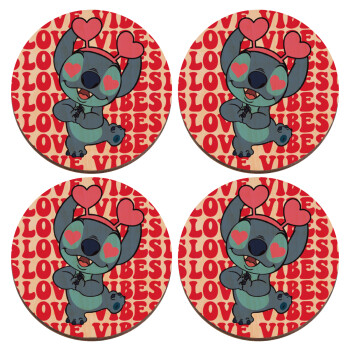 Lilo & Stitch Love vibes, ΣΕΤ x4 Σουβέρ ξύλινα στρογγυλά plywood (9cm)
