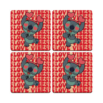 Lilo & Stitch Love vibes, ΣΕΤ x4 Σουβέρ ξύλινα τετράγωνα plywood (9cm)