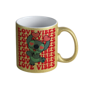 Lilo & Stitch Love vibes, Κούπα Χρυσή Glitter που γυαλίζει, κεραμική, 330ml