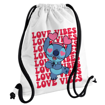 Lilo & Stitch Love vibes, Τσάντα πλάτης πουγκί GYMBAG λευκή, με τσέπη (40x48cm) & χονδρά κορδόνια