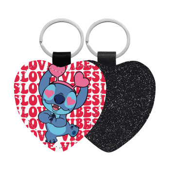 Lilo & Stitch Love vibes, Μπρελόκ PU δερμάτινο glitter καρδιά ΜΑΥΡΟ