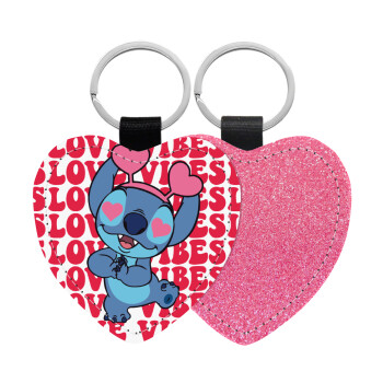 Lilo & Stitch Love vibes, Μπρελόκ PU δερμάτινο glitter καρδιά ΡΟΖ