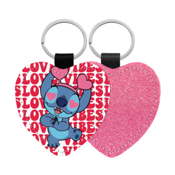 Lilo & Stitch Love vibes, Μπρελόκ PU δερμάτινο glitter καρδιά ΡΟΖ