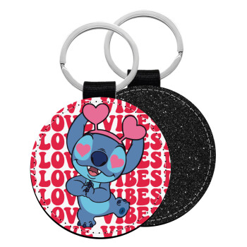 Lilo & Stitch Love vibes, Μπρελόκ Δερματίνη, στρογγυλό ΜΑΥΡΟ (5cm)