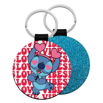 Lilo & Stitch Love vibes, Μπρελόκ Δερματίνη, στρογγυλό ΜΠΛΕ (5cm)