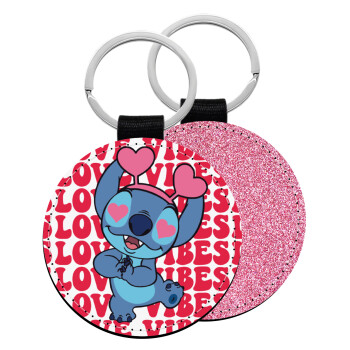 Lilo & Stitch Love vibes, Μπρελόκ Δερματίνη, στρογγυλό ΡΟΖ (5cm)
