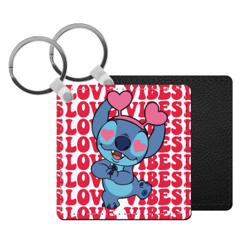 Lilo & Stitch Love vibes, Μπρελόκ Δερματίνη, τετράγωνο ΜΑΥΡΟ (5x5cm)