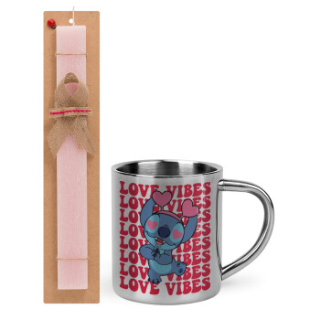 Lilo & Stitch Love vibes, Easter Set, metallic thermal cup (300ml) & aromatic flat Easter candle (30cm) (PINK)