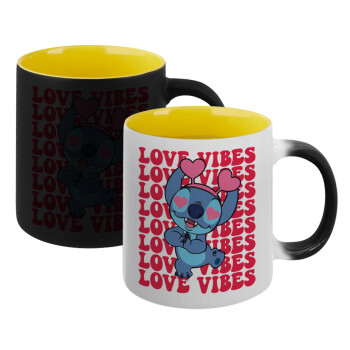 Lilo & Stitch Love vibes, Κούπα Μαγική εσωτερικό κίτρινη, κεραμική 330ml που αλλάζει χρώμα με το ζεστό ρόφημα (1 τεμάχιο)