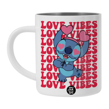 Lilo & Stitch Love vibes, BIG Mug Stainless steel double wall (450ml, White)