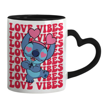 Lilo & Stitch Love vibes, Κούπα καρδιά χερούλι μαύρη, κεραμική, 330ml