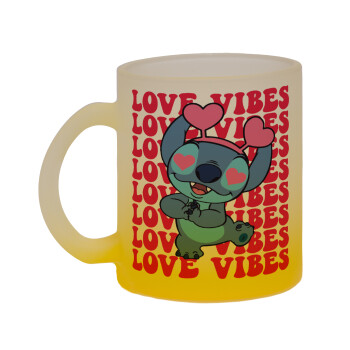 Lilo & Stitch Love vibes, Κούπα γυάλινη δίχρωμη με βάση το κίτρινο ματ, 330ml