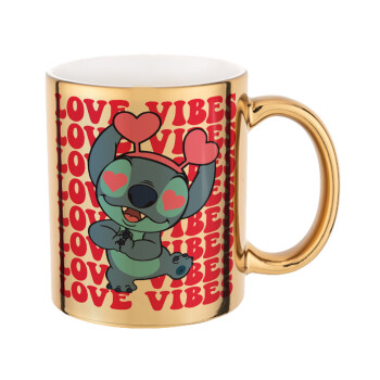 Lilo & Stitch Love vibes, Κούπα κεραμική, χρυσή καθρέπτης, 330ml